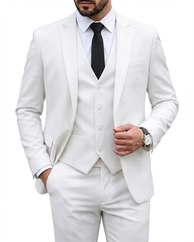 Hihawk Men's 3 Piece Suit with Stretch Fabric, Solid Slim Fit One Button Suit Blazer Set, Jacket Vest Pants with Tie., Pure White, M
