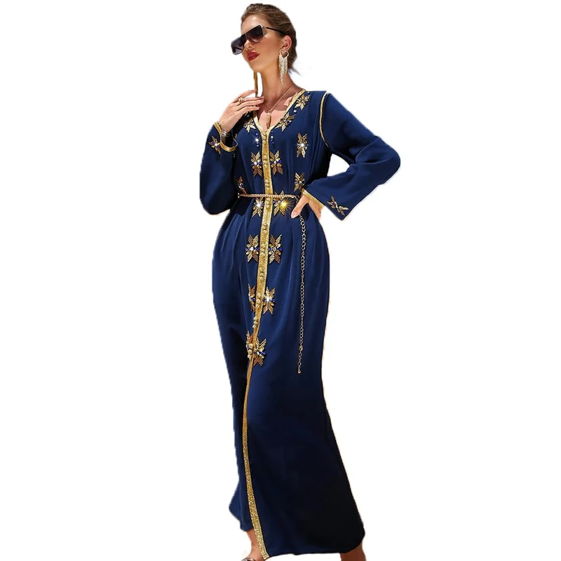 PolyJolly Handmade Bead Abaya Dress for Women Dubai Sadui Fancy Moroccan Kaftan Wedding Attire Collection, Blue-607, L