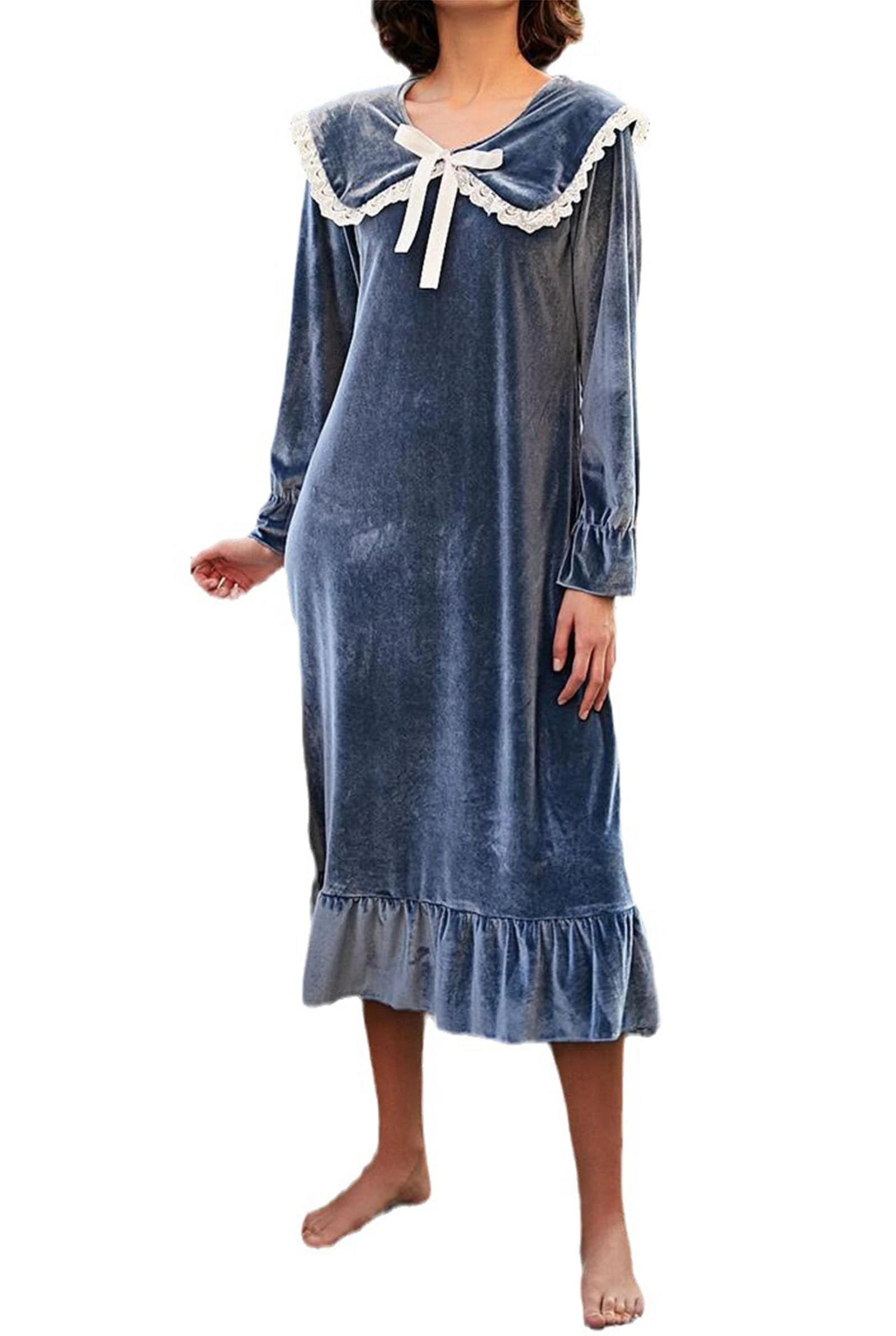 MIOTEQ Women Flannel Nightgown Full Length Babydoll Neck Nightshirt Long Sleeve Loungewear Long Sleep Dress,M White