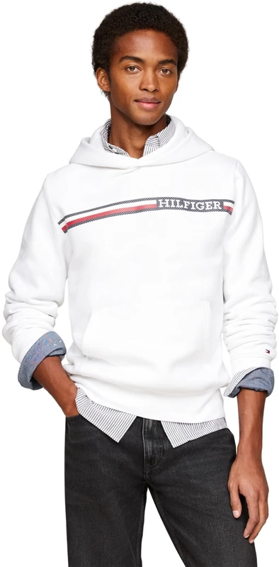 Tommy Hilfiger Men's Chest Stripe Hoodie, White (White), XS