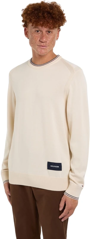 Tommy Hilfiger Men's Crew Neck Knitted Jumper, Beige (Ancient White), L