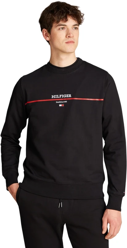 Tommy Hilfiger Men's Stripe Sweatshirt without Hood, Black (Black), XS