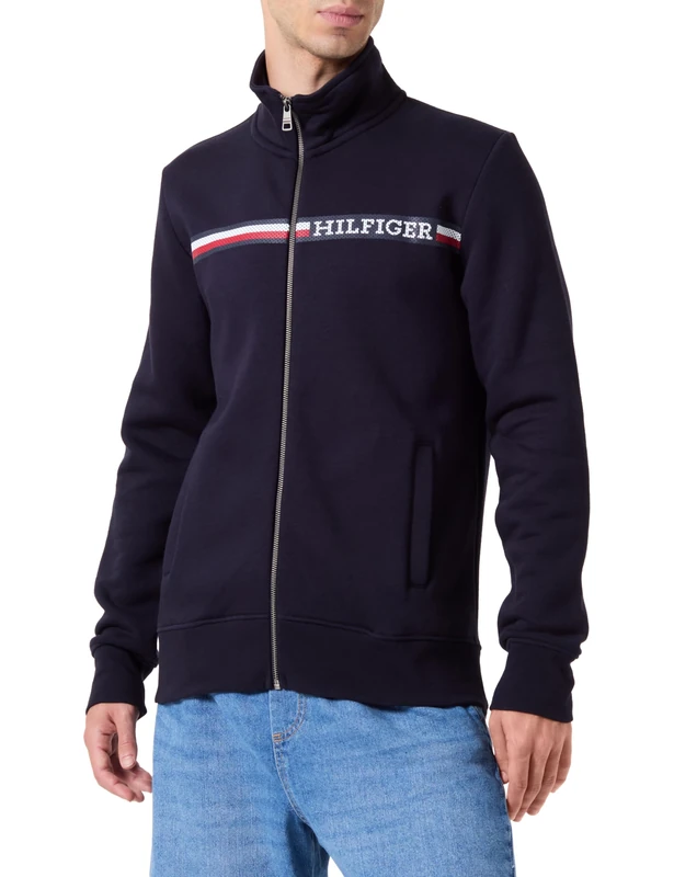 Tommy Hilfiger Men's Chest Stripe Zip Through Sweatshirt without Hood, Blue (Desert Sky), XS