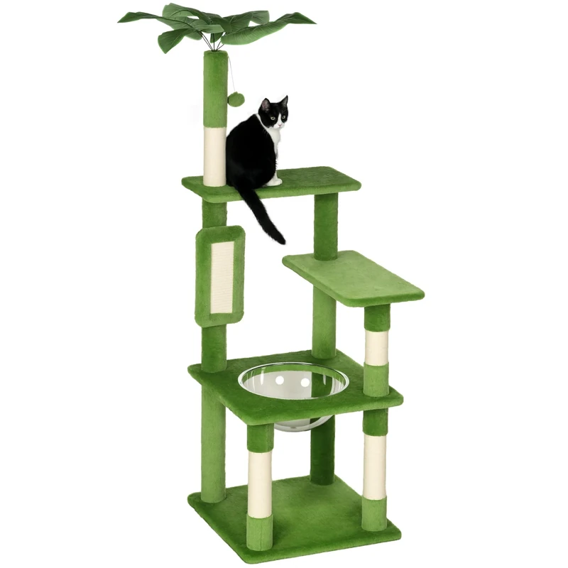 PawHut 142cm Cat Tree Tower w/Scratching Post, Hammock, Ball, Platforms, Green