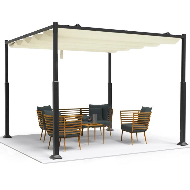 VOUNOT® 3x3m Metal Pergola with Retractable Roof, Gazebo with Sun Shade Canopy for Garden Patio Outdoor, Beige