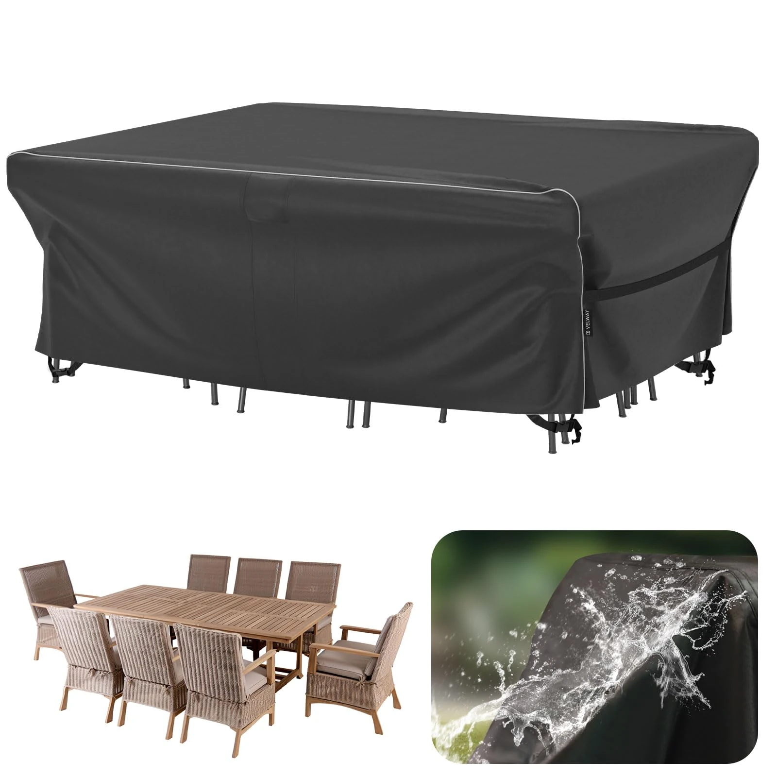 Velway Large Garden Furniture Covers - 250x210x71cm Outdoor Furniture Covers Waterproof Tear-Resistant Anti-UV with Reflective Strip Air Vent 600D Windproof Rattan Sofa Set Patio Table Cover - Black
