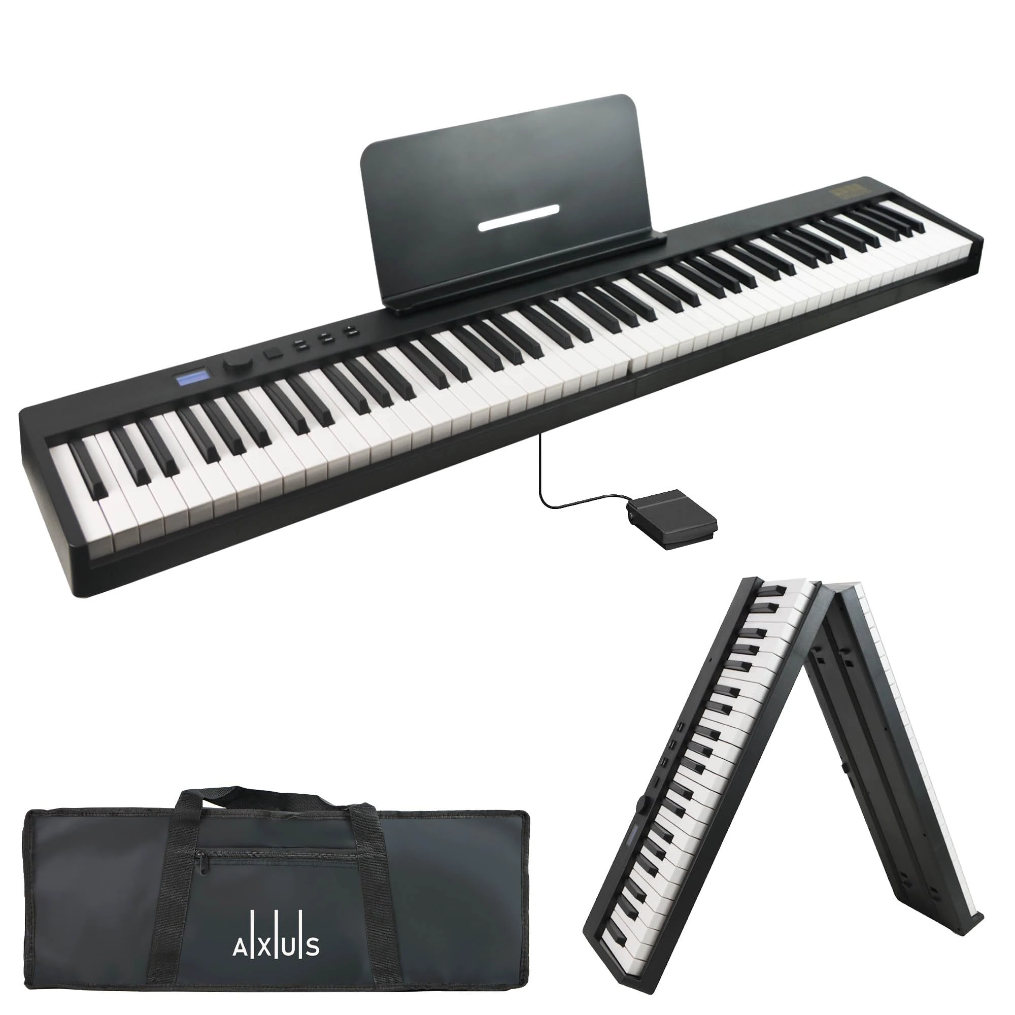 Axus 88 Key Portable Folding Digital Piano Keyboard, Full Size Semi-Weighted Keys, Sustain Pedal, Rechargeable Battery - Black