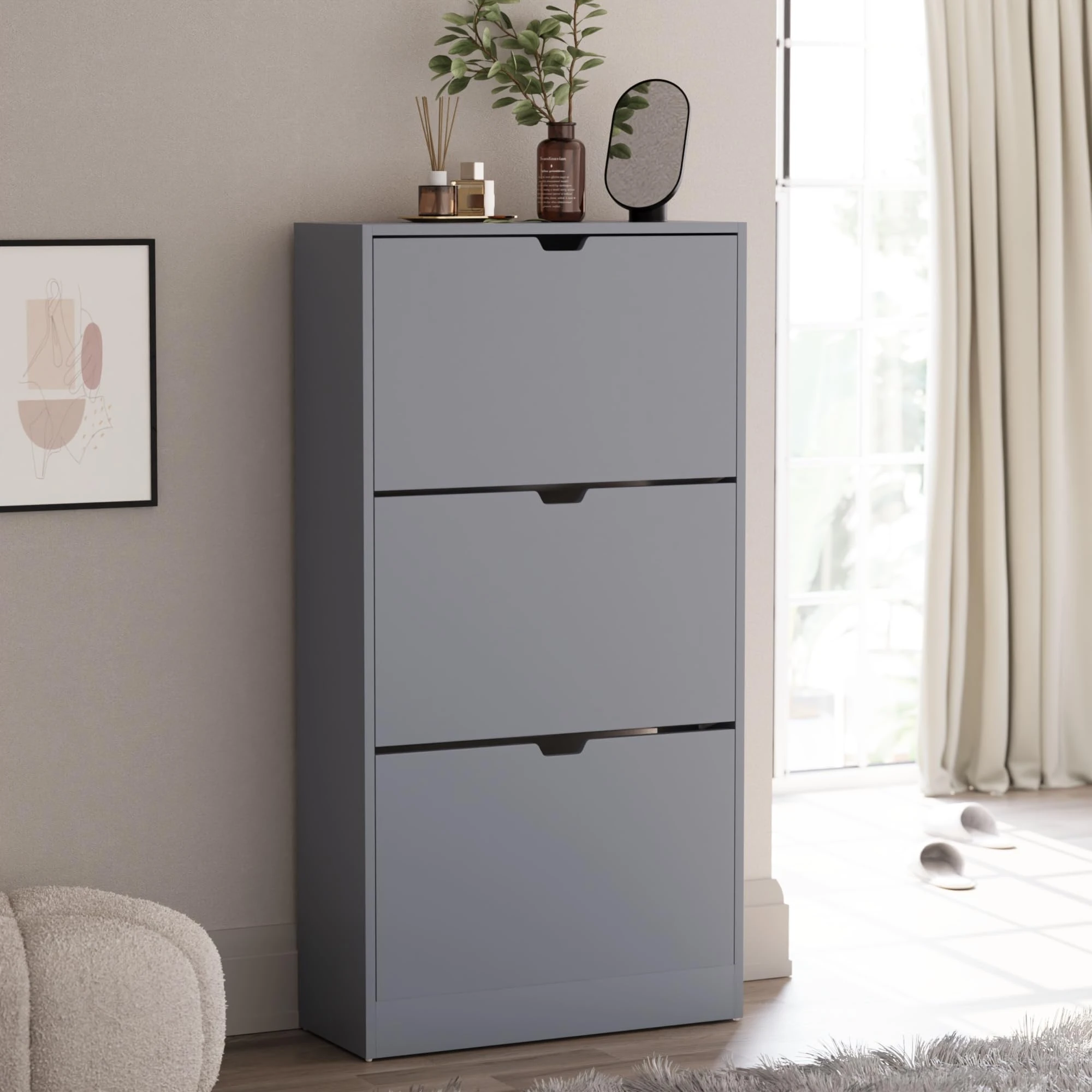 Vida Designs 3 Drawer Shoe Cabinet, Space Saving Shoe Storage Cupboard with 3 Flip Drawers, Hallway and Living Room Furniture 100% FSC certified (Grey)