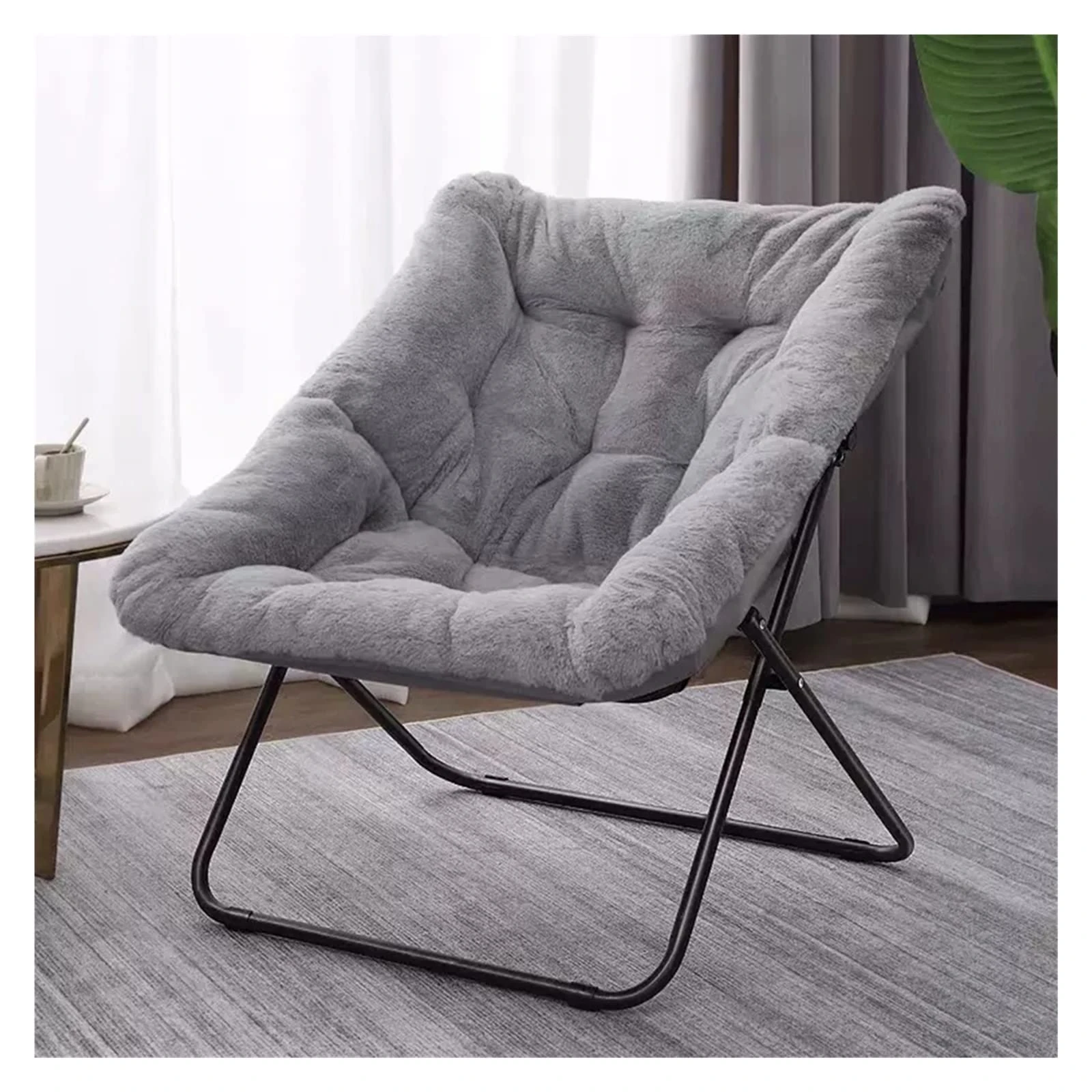 Comfy Saucer Chair Folding Faux Fur Lounge Chair for Living Room,Oversized Folding Accent Chair Soft Furry Lounge Lazy Chair Metal Frame Moon Chair for Bedroom (Color : Gray)