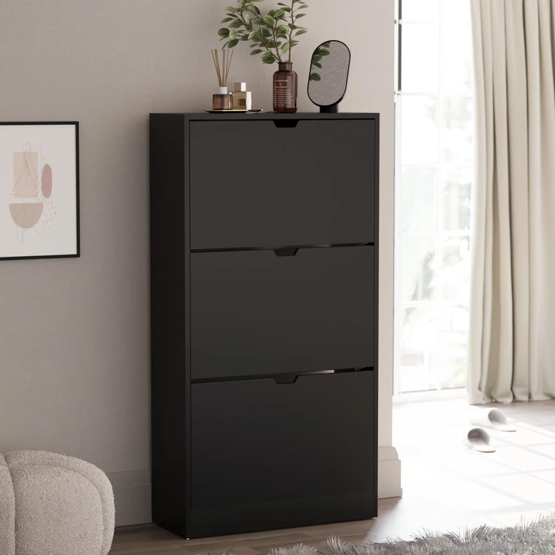 Vida Designs Shoe Cabinet, Wooden Shoe Storage Unit with 3 Flip Drawers, Multifunctional Dust-Proof Space-Saving Slim Cupboard for Hallway or Entryway, 100% FSC Certified (Black)