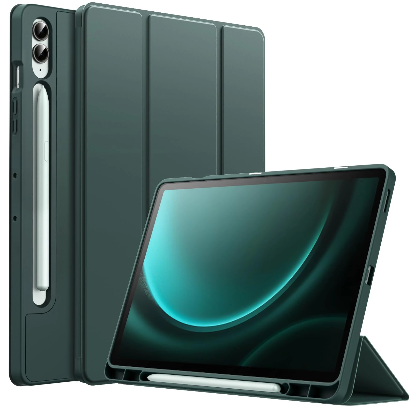 JETech Case for Samsung Galaxy Tab S9 FE+ / S9 FE Plus 12.4-Inch with S Pen Holder, Soft TPU Tri-Fold Stand Protective Tablet Cover, Support S Pen Charging, Auto Wake/Sleep (Midnight Green)
