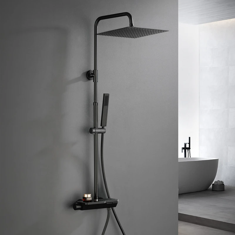 Görbach Stainless Steel Shower Column with Thermostatic Mixer Tap - Black Shower System, Tap, Shower Head, Hand Shower, Matte Black Finish (3030MB)