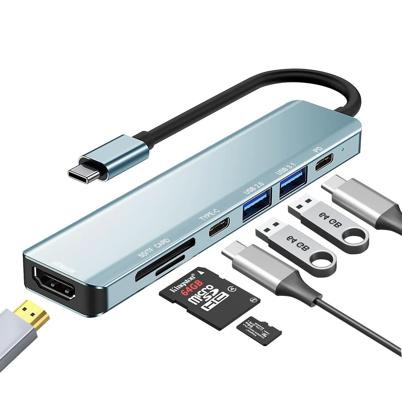 baolongking USB C Hub, 7-in-1 Multiport Adapter with 100W PD, 4K HDMI, and 2 USB-A Data Ports, SD and TF Card, Hub for MacBook Air/Pro, iPad Pro (USB C to HD)