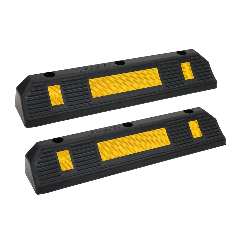 PETEX 2 x Wheel Stoppers/Garage Stoppers with Yellow Reflective Strips According to ECE R 104 for Garage and Parking Lots, 58.7 x 12 x 9.5 cm, Rubber Parking Aid Black