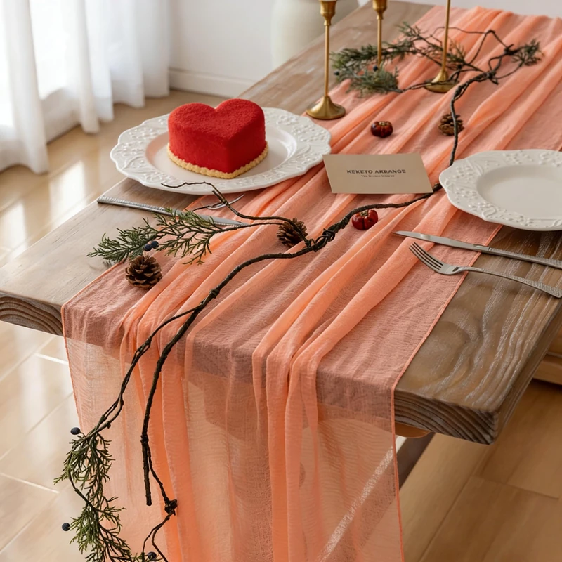 Keketoarrange Cheesecloth Table Runner, Gauze with Fresh Salmon, 121 Inch 9.8 Feet Boho Cheese Cloth Table Runner for Wedding, Baby Shower, Bridal Shower, Party, Translucent Table Centerpiece, Home