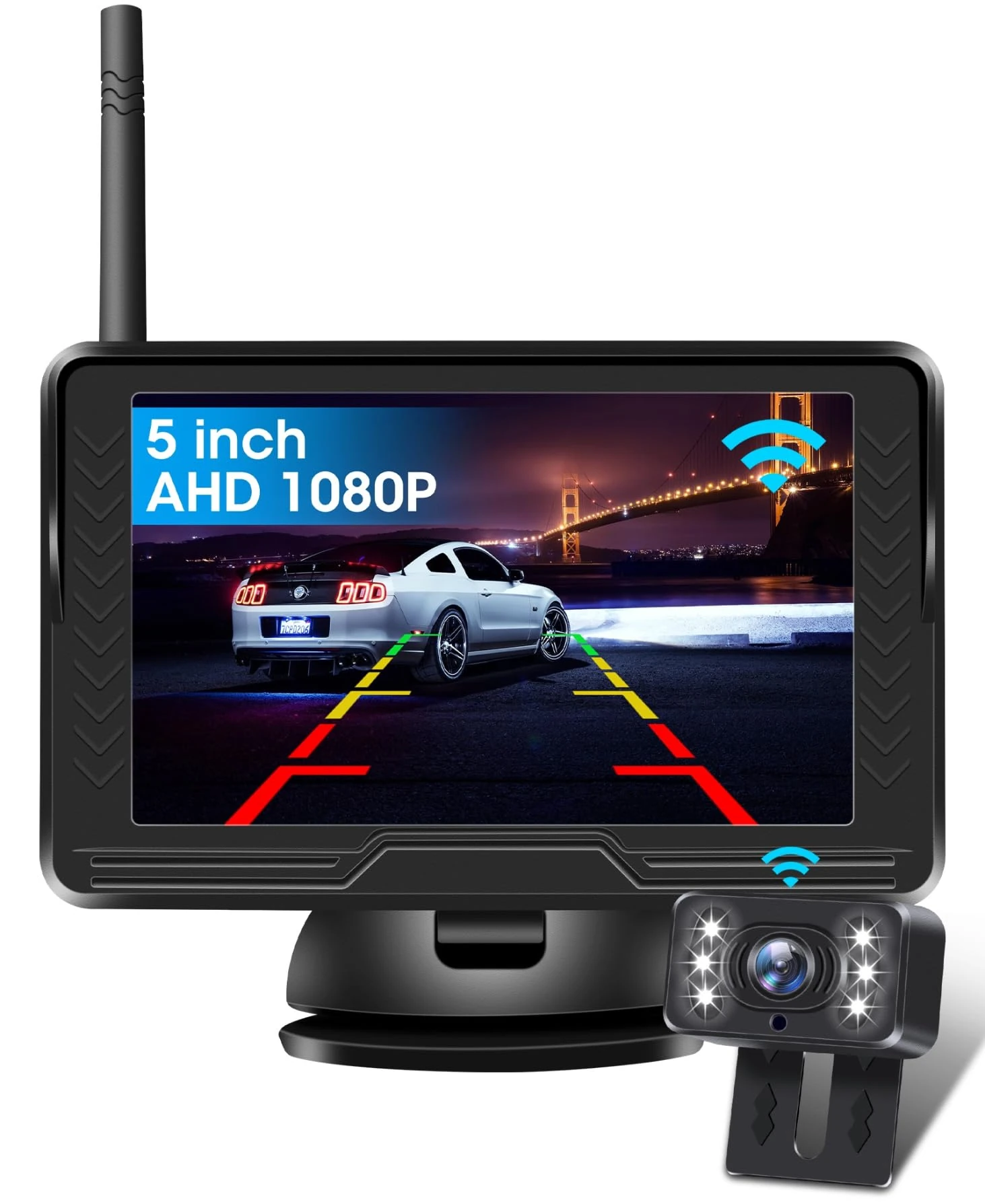 Jansite Stable SignalWireless Reverse Camera AHD 1080P Reversing Camera with 5 inch Monitor 6 LED Light 170° Wide Angle Reverse Camera Kit for Car Van Caravan IP69 Waterproof DIY Guide Line