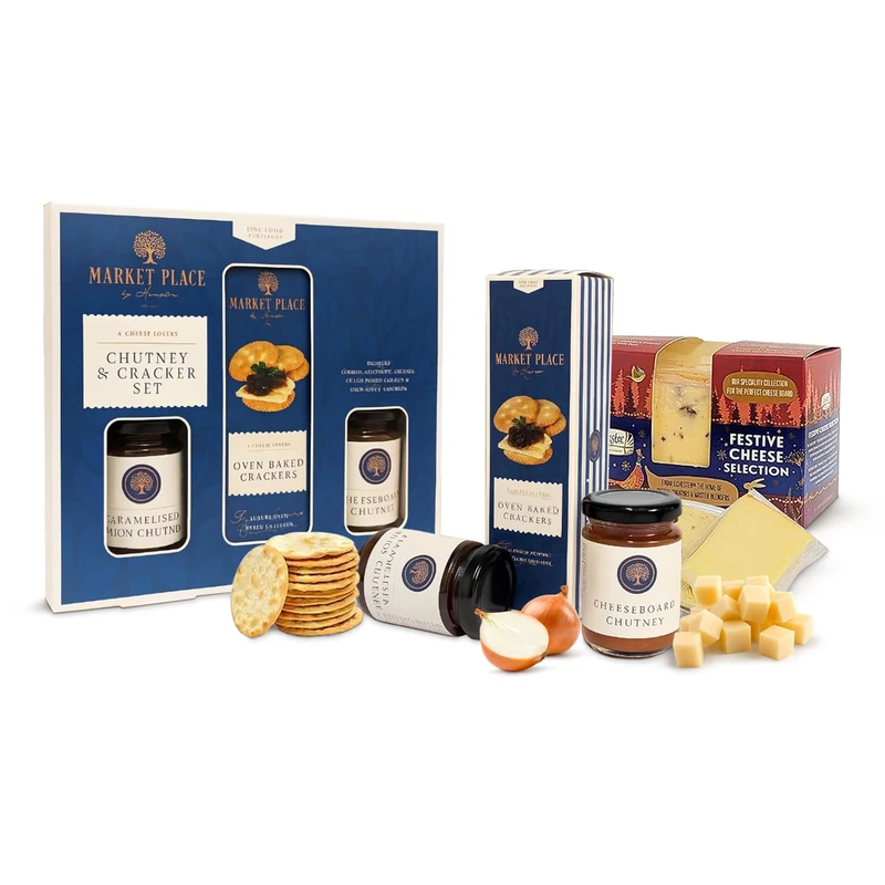 Festive Cheese Hamper Selection Gift - Ilchester 4 x 100g Assorted Cheese Box & 2 x 190g Cheeseboard Chutneys Crackers Selection Box Christmas with Card. Christmas Gifts for Him or Her