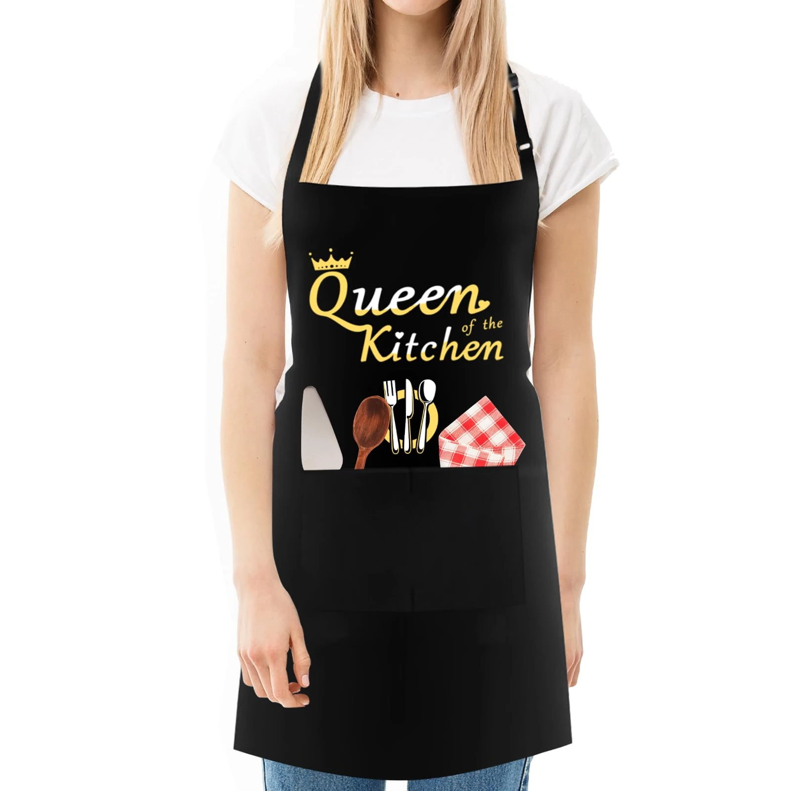 Funny Baker Apron for Mum, Kitchen of the Queen, Adjustable Black Apron with 2 Pockets, Best Gifts for Mom, Wife, Girlfriend, Mother's Day, Birthday, Christmas (Water Resistant)
