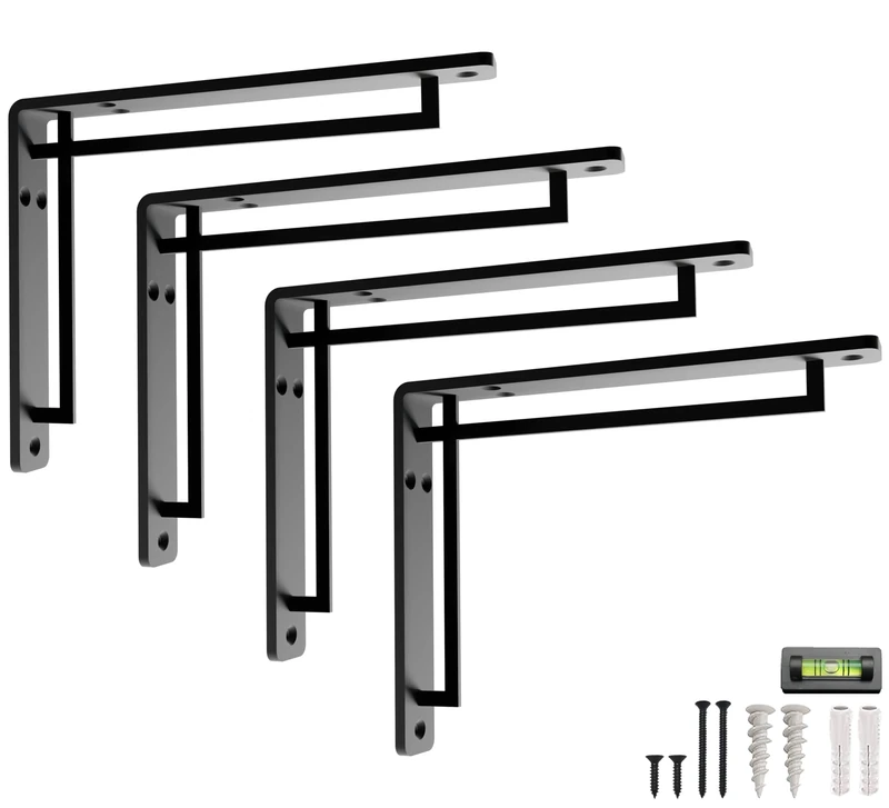 Balin Designs Sturdy & Versatile Black Shelf Bracket for 8" & 10" Shelves - 4-Pack | Black Cross, Heavy-Duty Metal Shelf Brackets, Easy Installation for Indoor/Outdoor Use - All Hardware Included