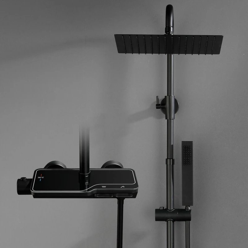 Görbach Thermostatic Shower Column System With Mixer Tap, Stainless Steel Head, Hand Shower, Bar - Matte Black (2525MB)