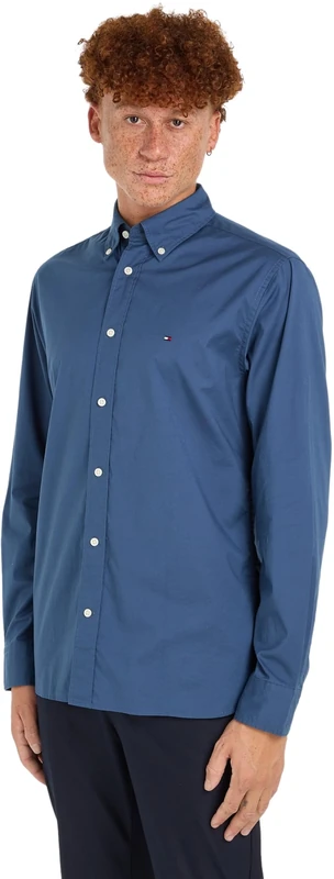 Tommy Hilfiger Men's Long Sleeve Poplin Shirt, Blue (Aegean Sea), XS