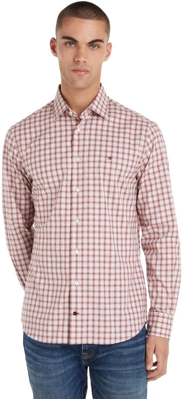 Tommy Hilfiger Men's CL Stretch Small Check Shirt L/S Shirt, Heritage Plum Check, 37W