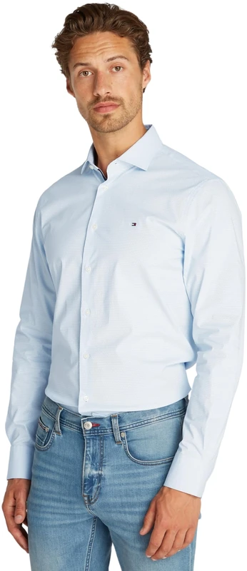 Tommy Hilfiger Men's CL Stretch GEO Print SF Shirt L/S Shirt, Th Light Blue/Optic White, 37W