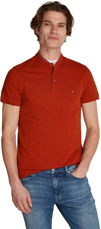 Tommy Hilfiger Men's Short Sleeve Baseball Slim Fit Polo Shirt, Red (Dark Magma), XS