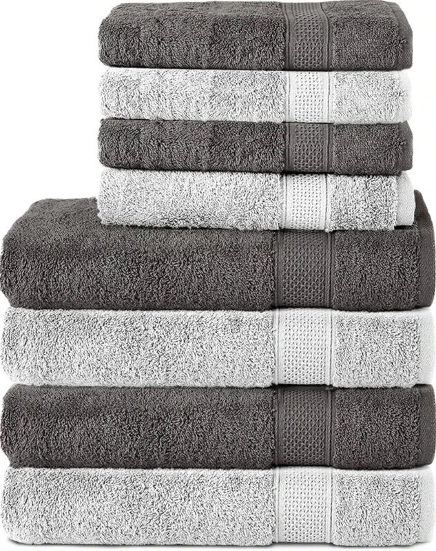 Komfortec Set of 8 Hand Towels 100% Cotton, 4 Bath Towels 70 x 140 cm and 4 Hand Towels 50 x 100 cm, Terry Towelling, Soft, Towel, Large, Anthracite/White