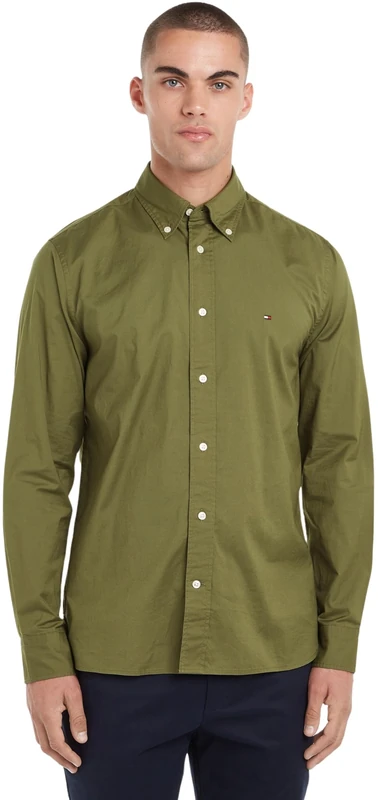 Tommy Hilfiger Men's Long Sleeve Poplin Shirt, Green (Utility Olive), XS