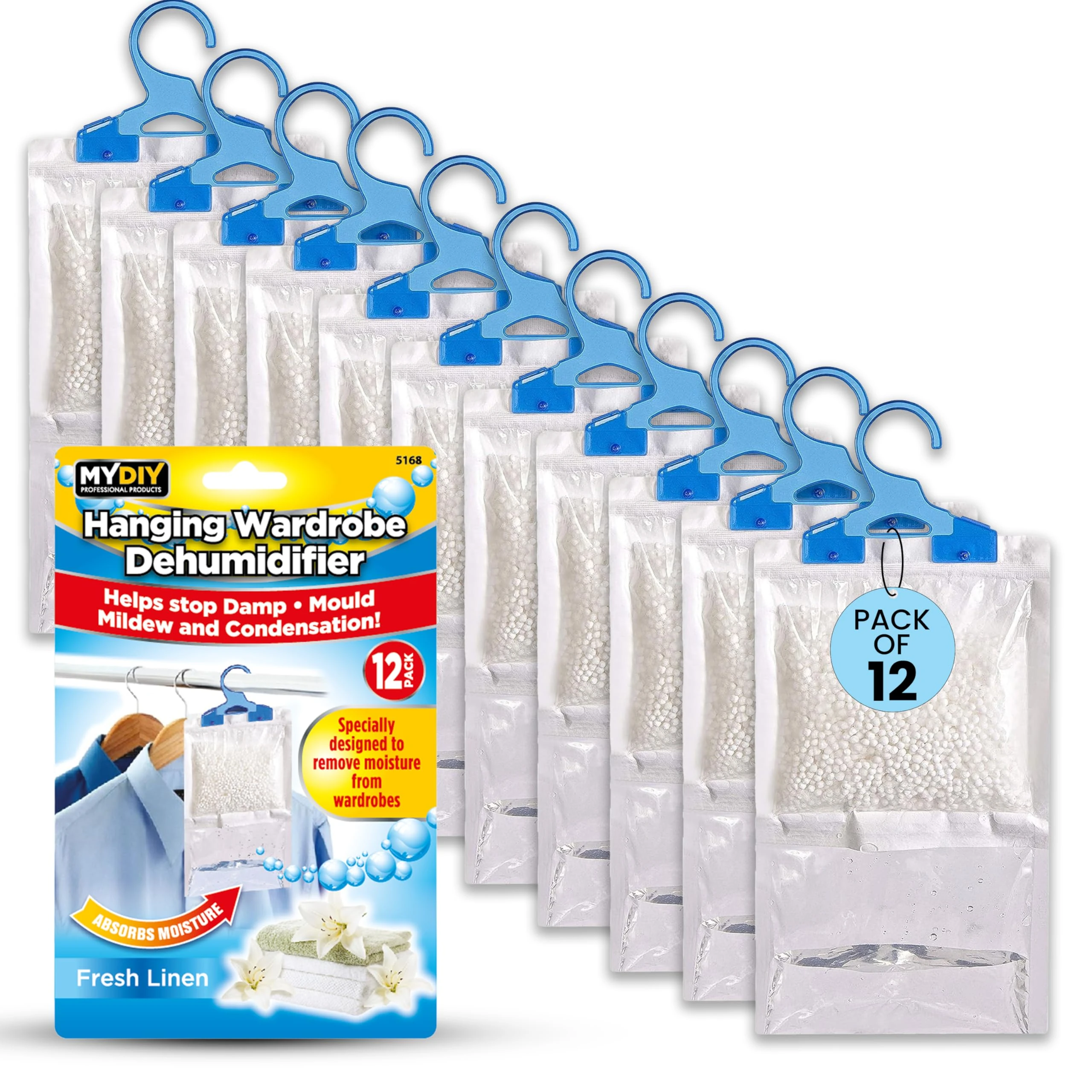 MY DIY Dehumidifiers for Home - 500ML Pack of 12 Wardrobe Dehumidifier Hanging Bags with Calcium Chloride Particles | Traps Moisture, Prevents Leaks, Mould, Mildew & Condensation, Maintains Freshness