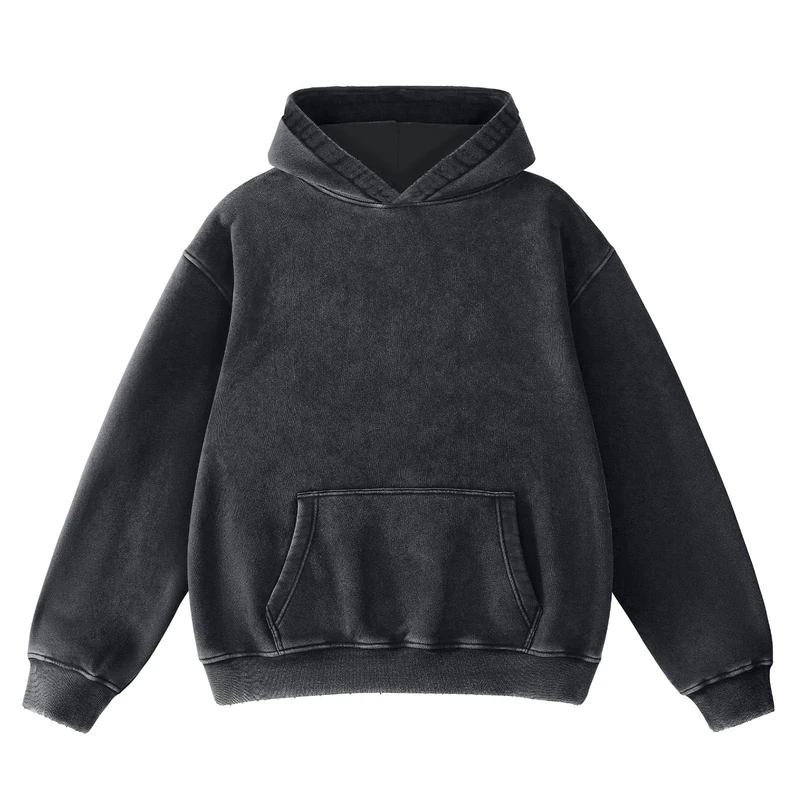 FAIABLE Mens Hoodies Oversized Unisex Acid Wash Hoodie Heavyweight Fleece Vintage Cotton Sweatshirt Men Women Streetwear, Black, Large