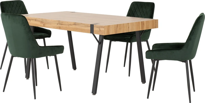Seconique Treviso Dining Table Set with 4 Avery Dining Chairs in Light Oak Effect/Emerald Green Velvet