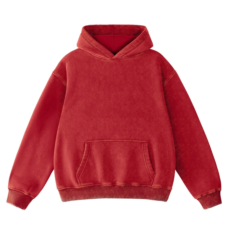 FAIABLE Mens Hoodies Oversized Unisex Acid Wash Hoodie Heavyweight Fleece Vintage Cotton Sweatshirt Men Women Streetwear, Red, XL