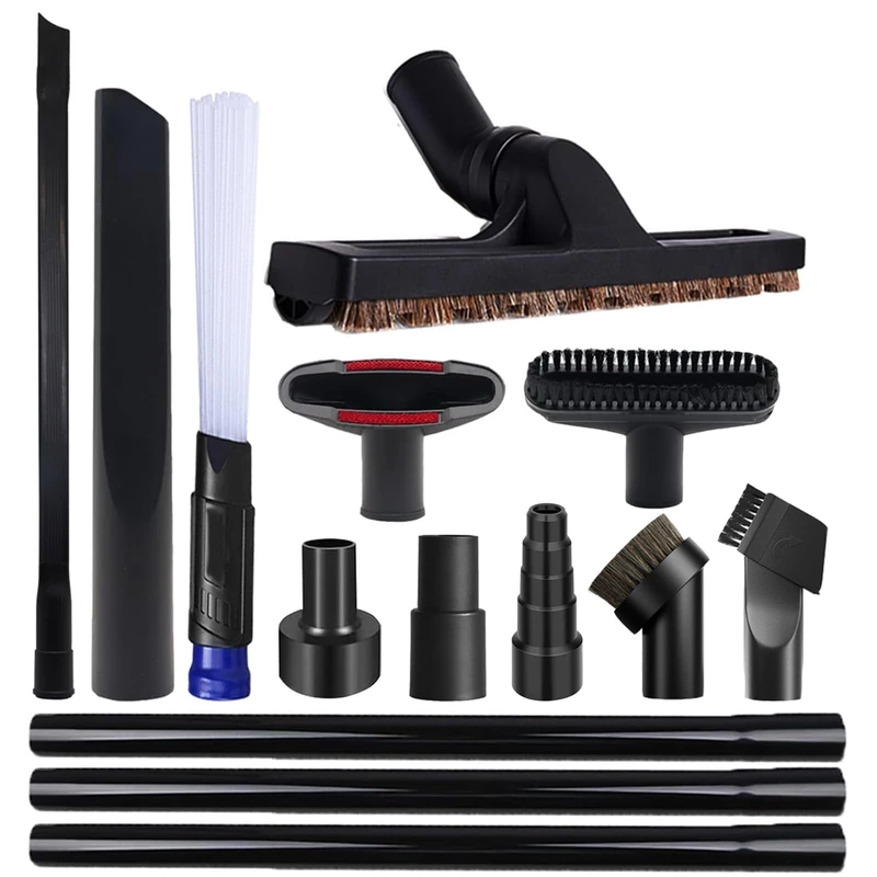 14 PCS Universal Vacuum Attachments & Brushes Kit for Shop Vac Accessories & Household Cleaning, Includes 2 1/2" to 1 1/4" and 1 7/8" to 1" Vacuum Hose Adapter,Crevice Tool & 3 Vacuum Extension Wands