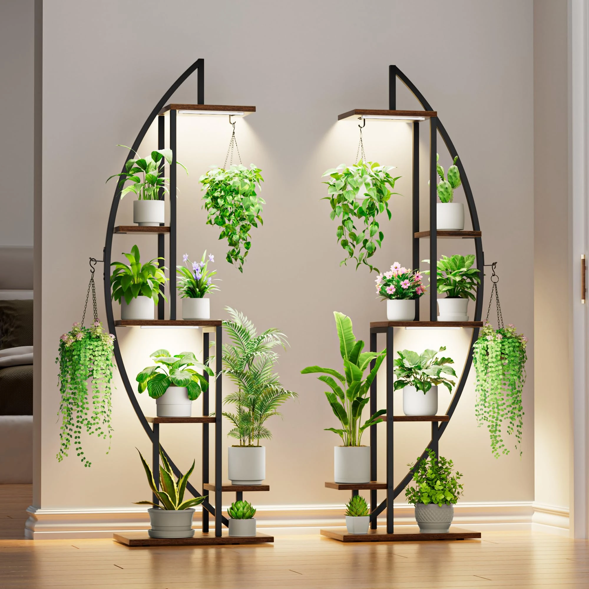 BACEKOLL Plant Stand Indoor with Grow Lights, 6 Tiered Tall Plant Shelf, Metal Plant Stand for Indoor Plants Multiple, Half-Moon Plant Rack Display Shelf, 2 Pcs Plant Holder for Living Room, Patio