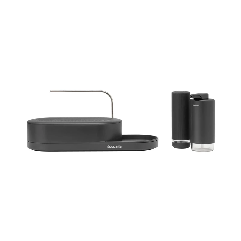 Brabantia - SinkStyle Organiser Set of 3 with Organiser, Soap Dispenser, and Soap Squeezer – Compact Design, Drip Tray with Airflow, Non-Skid Tray – Mineral Infinite Grey