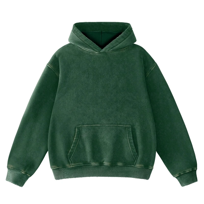 FAIABLE Mens Hoodies Oversized Unisex Acid Wash Hoodie Heavyweight Fleece Vintage Cotton Sweatshirt Men Women Streetwear, Dark Green, Large