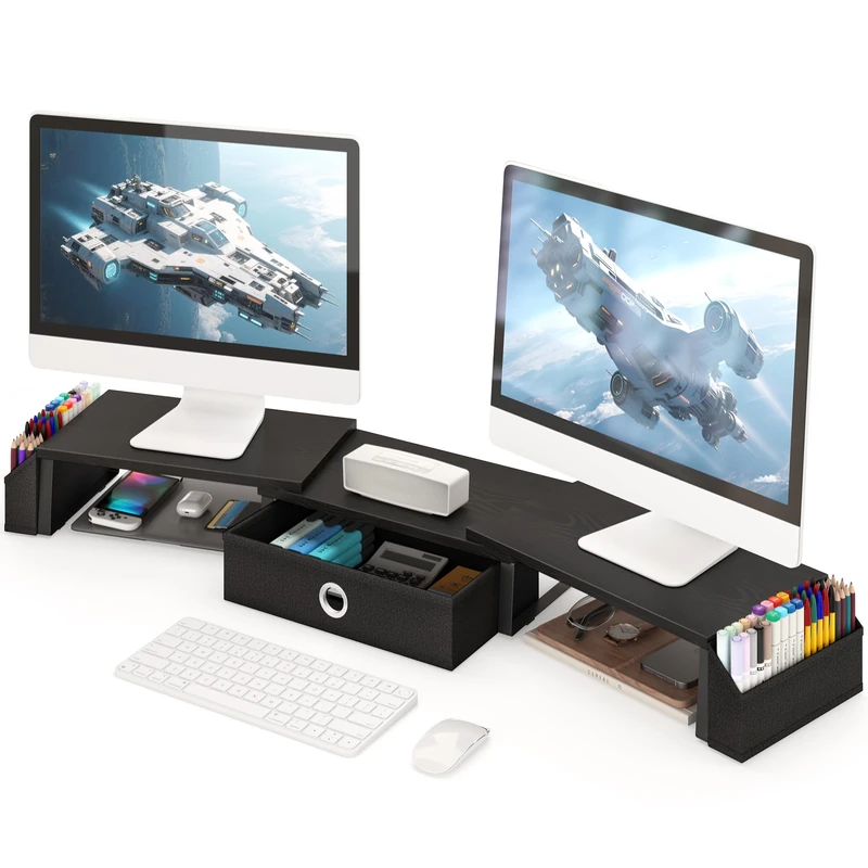 Dual Monitor Stand Riser w/ Drawer & Metal Leg, Large Computer Monitor Riser w/ Storage For 2 Monitors, Desk Shelf For Monitor w/ Adjustable Length & Angle, Desktop Organizer For Laptop/TV/Printer