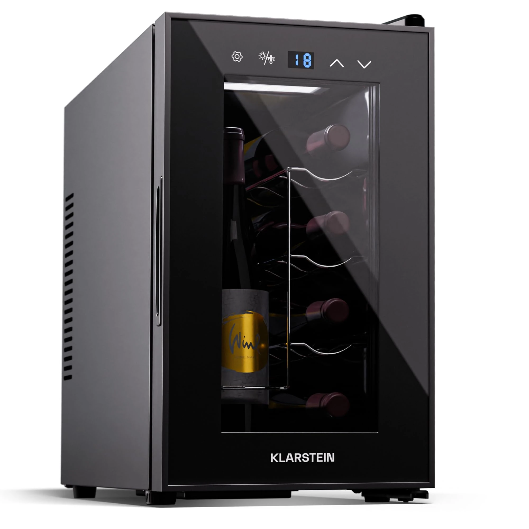 Klarstein Single Zone Refrigerated Wine Cellar, Fridge Bar, Glass Door, Mini Silent Refrigerator, 5-18°C, 8 Bottles