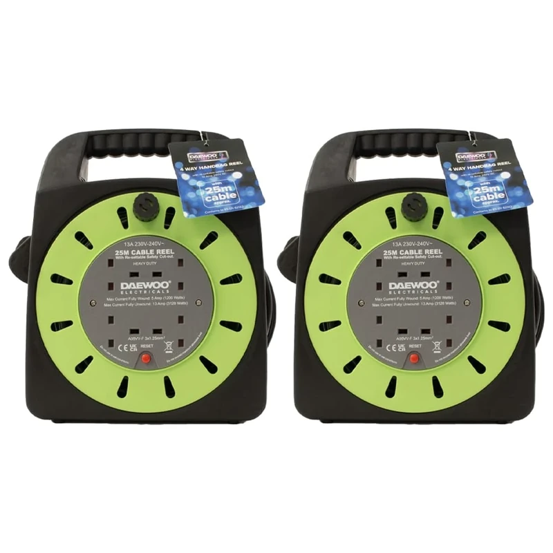 Set of 2-4 Way Mains Socket with 25M Extension Lead Reel Cable with Termal Cut-Out Switch - Heavy Duty British Approved 13A for Workshops Home Use DIY and more - 25 Meter