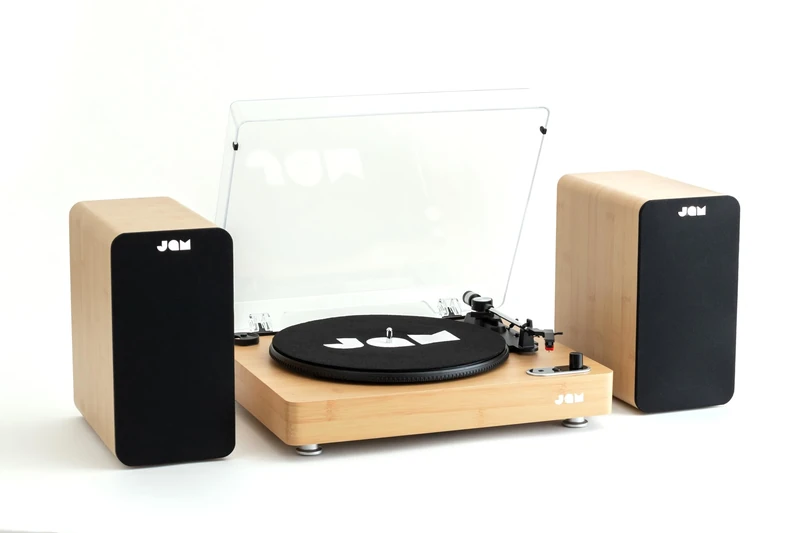 JAM Sound Stream Turntable, Portable Wireless Vinyl Record Player, Aux-In, 3 Speed RPM, Woodgrain + Bluetooth Bookshelf Speakers - Compact, 4" Driver, High Definition Amplifiers, Richer Bass (Wood)