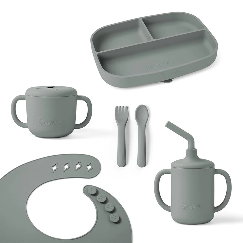 Ergobaby Children's Deluxe Tableware Set for Babies and Toddlers from 6 Months, Baby Tableware Set with 2 Cups, Tray, bib and Cutlery, Without BPA, PVC and phthalates, Sage Green