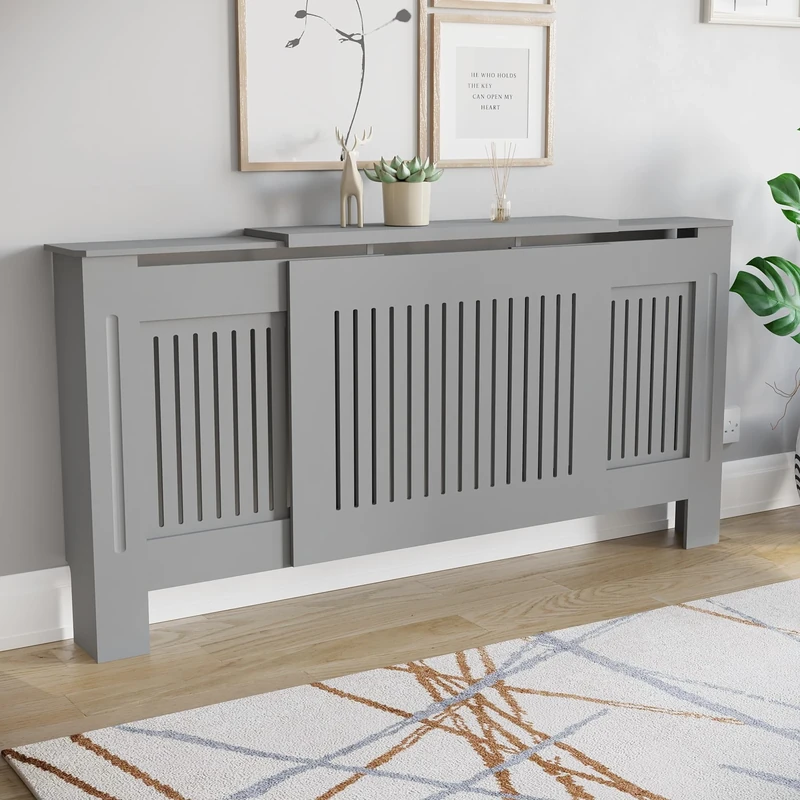 Vida Designs Chelsea Radiator Cover Olive Grey - Adjustable - Modern Vertical Slat Design For Optimal Heat Circulation - H82xW140-204xD20.5cm - Painted MDF Cabinet Ideal For Living Room & Hallway