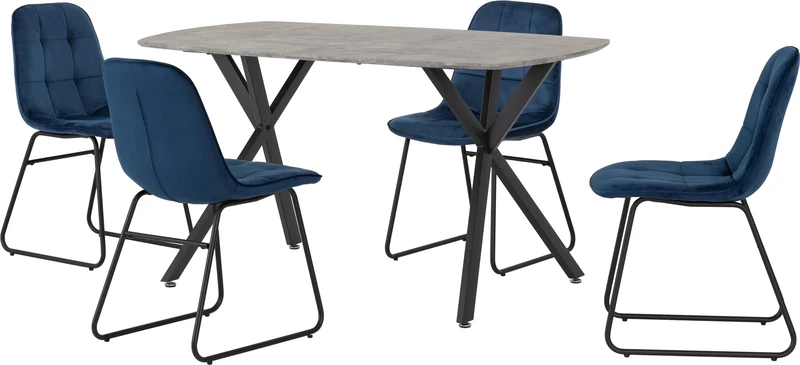 Seconique Athens Dining Table Set with 4 Lukas Dining Chairs in Concrete/Sapphire Blue Velvet