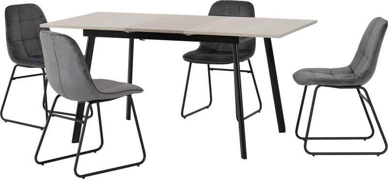 Seconique Avery Extending Dining Table Set with 4 Lukas Dining Chairs in Concrete/Grey Velvet