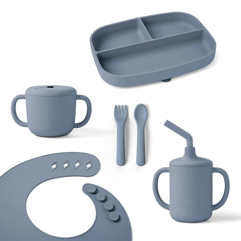 Ergobaby Children's Deluxe Tableware Set for Babies and Toddlers from 6 Months, Baby Tableware Set with 2 Cups, Tray, bib and Cutlery, Without BPA, PVC and phthalates, Soft Blue