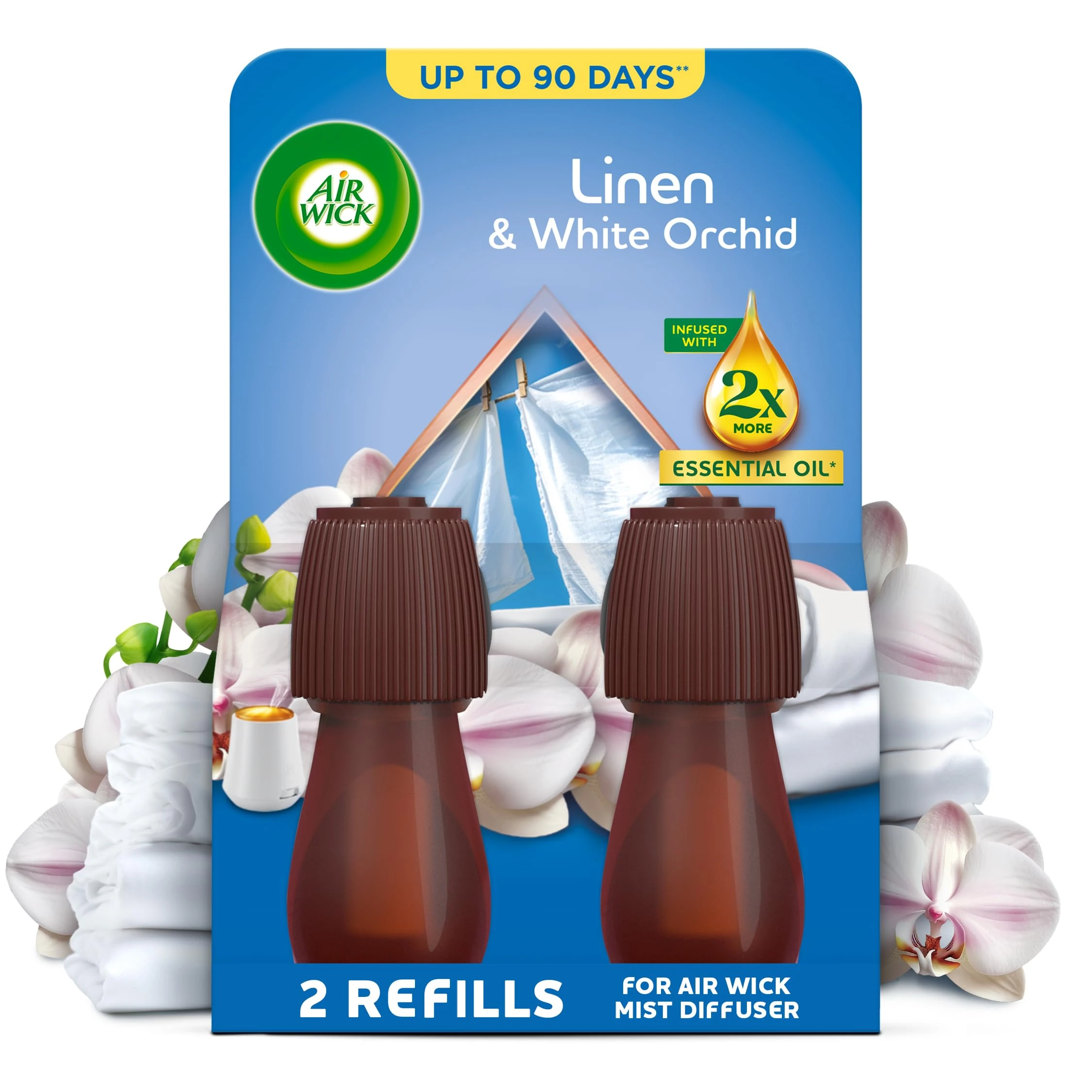 Air Wick Essential Mist Twin Refills, Linen & White Orchid, Pack 2 x 20ml, Natural Essential Oils, Last up to 90 days, Air freshener