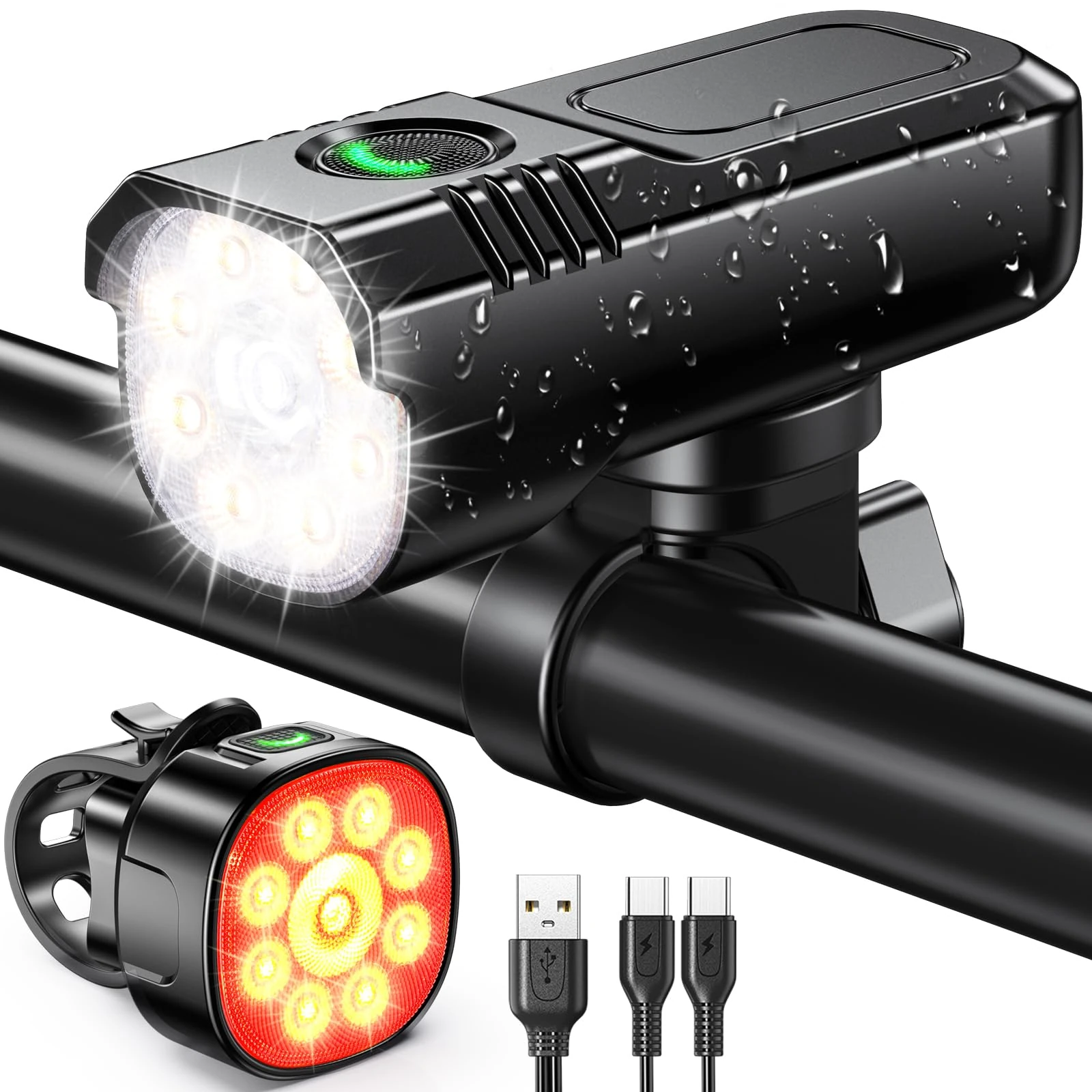 Rolgno Bike Lights Front and Back, [8+7 Lighting Modes] & [Sturdy Aluminum Alloy] Super Bright LED Bicycle Lights, USB Rechargeable & IP65 Waterproof Bike Light Set for Mountain, Motorbike Lamps