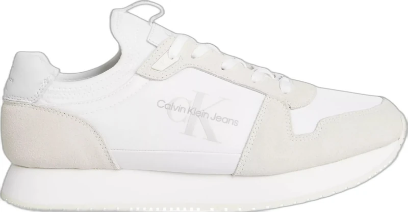 Calvin Klein Jeans Men's Lace Up Nylon Leather Runner Trainers, White (Bright White/Eggshell), 7